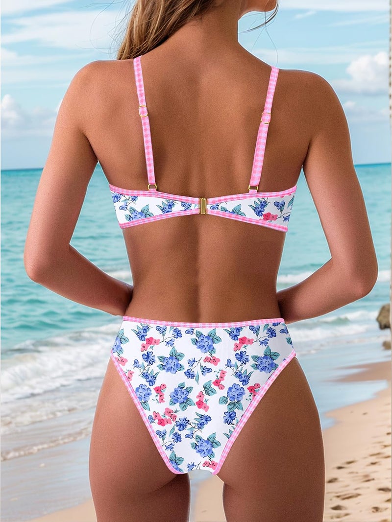 Tainehs Women's Two Piece Bikini Sets O Ring Front Top Ditsy Floral Triangle Swimsuits Cheeky Bathing Suit - Image 3