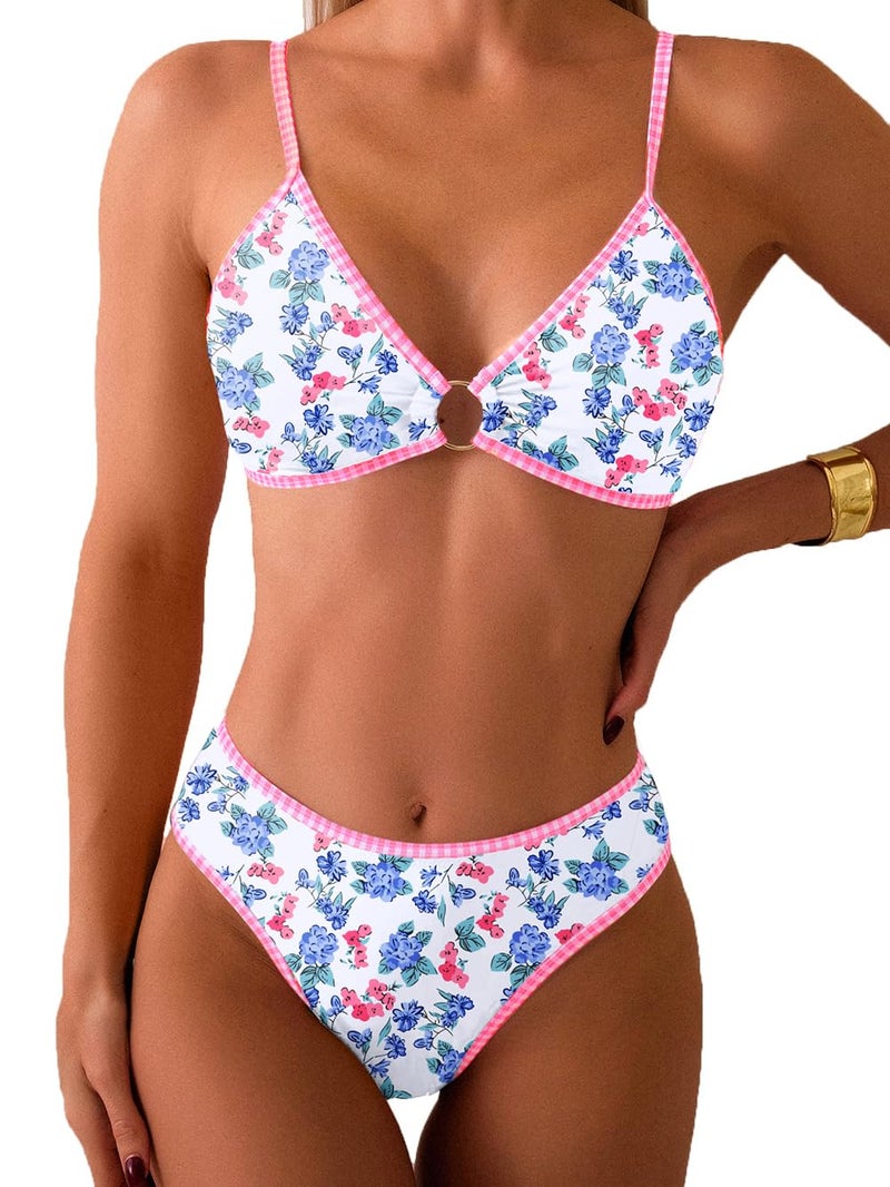 Tainehs Women's Two Piece Bikini Sets O Ring Front Top Ditsy Floral Triangle Swimsuits Cheeky Bathing Suit - Image 1