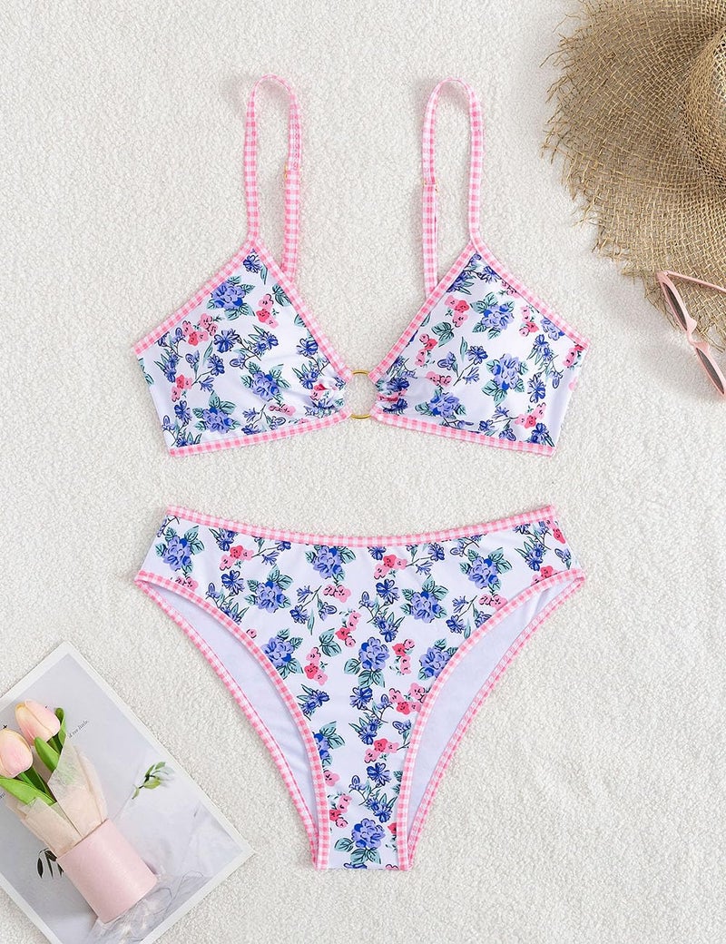 Tainehs Women's Two Piece Bikini Sets O Ring Front Top Ditsy Floral Triangle Swimsuits Cheeky Bathing Suit - Image 4