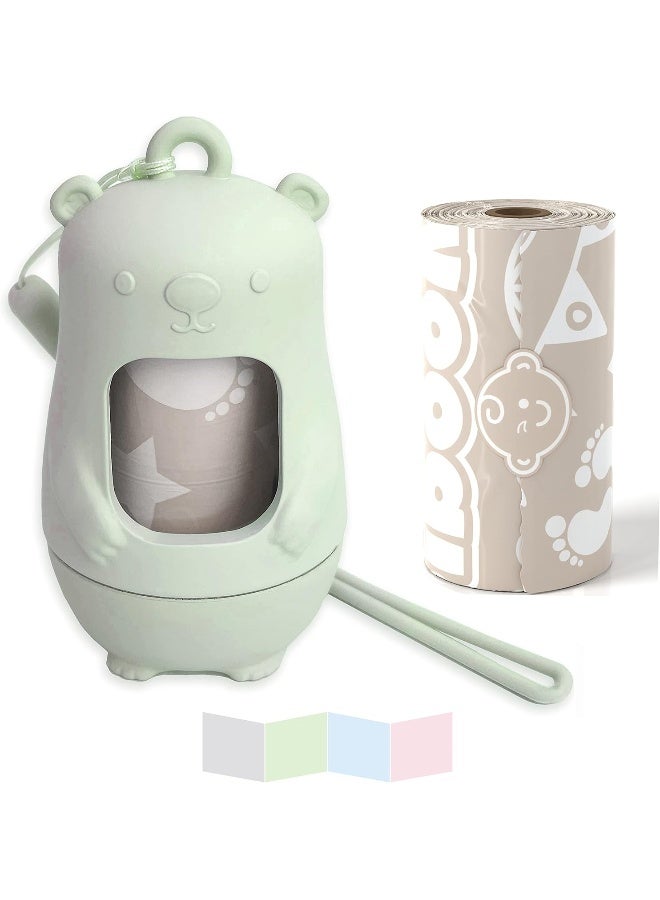 Moodie Teddy Bear Diaper Bag Dispenser | Diaper Bag on the Go Dispenser w/Silicon Strap | 15 LAVENDER SCENTED Diaper Disposal Bags per Roll | Diaper bag essential items (SAGE GREEN)