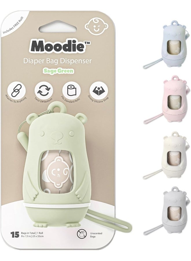 moodie Moodie Teddy Bear Diaper Bag Dispenser | Diaper Bag on the Go Dispenser w/Silicon Strap | 15 LAVENDER SCENTED Diaper Disposal Bags per Roll | Diaper bag essential items (SAGE GREEN)  - Image 1