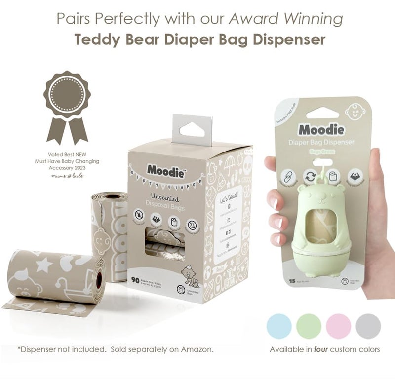 moodie Teddy Bear Diaper Bag Dispenser | Diaper Trash Bags on the Go Dispenser w/Silicon Strap | 15 UNSCENTED Baby Poop Bags per Roll | Dirty Diaper Bags Disposable | Diaper Waste Bags (SAGE GREEN) - Image 5