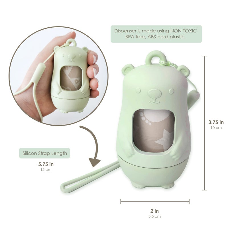 moodie Teddy Bear Diaper Bag Dispenser | Diaper Trash Bags on the Go Dispenser w/Silicon Strap | 15 UNSCENTED Baby Poop Bags per Roll | Dirty Diaper Bags Disposable | Diaper Waste Bags (SAGE GREEN) - Image 2