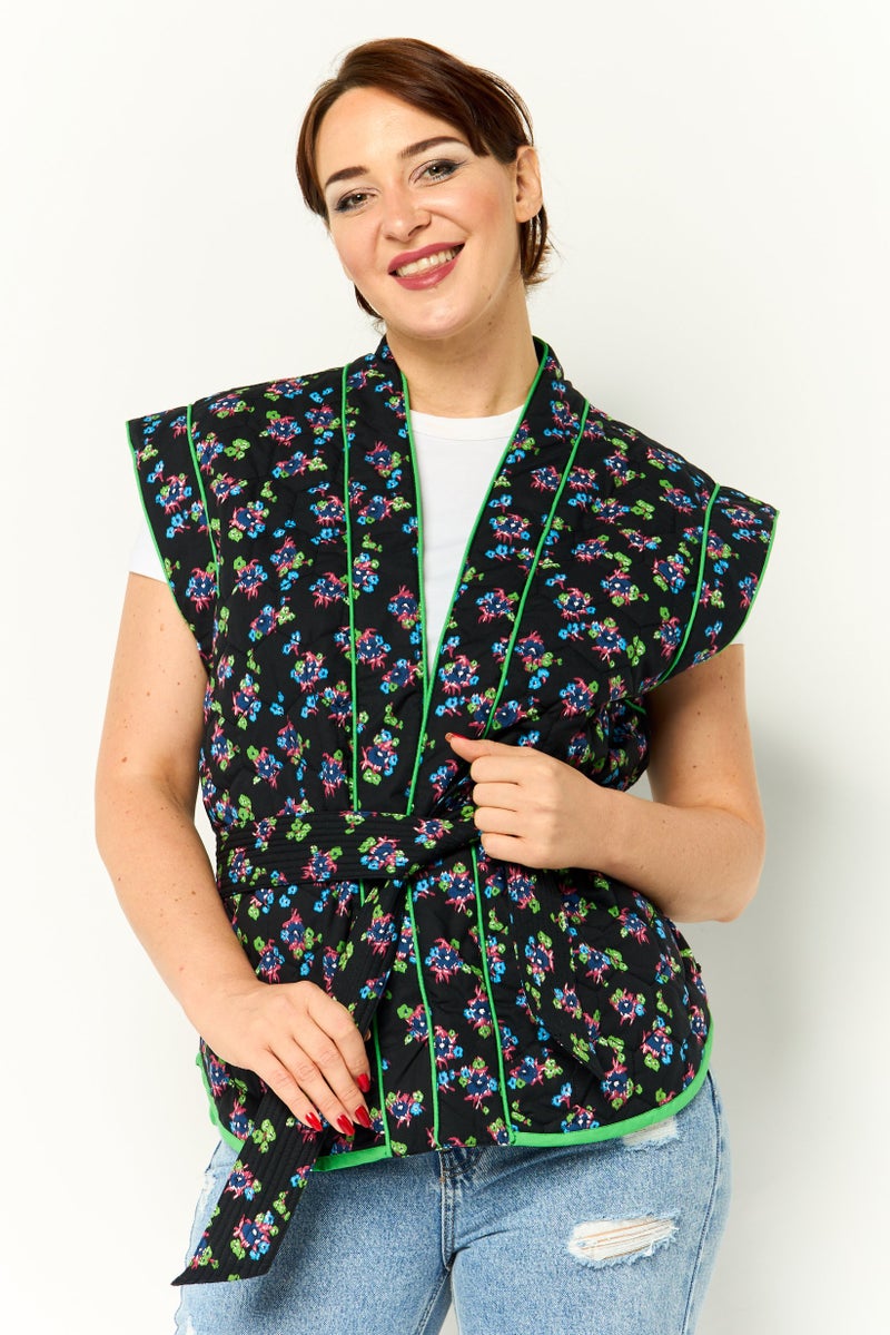 Scotch & Soda Women Quilted Belted Vest, Floral - Image 1