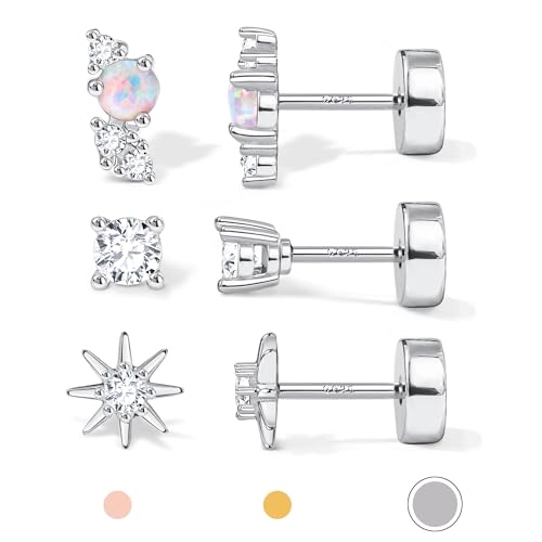GEMQUEEN Hypoallergenic Flat Back Earrings for Women White Gold Plated Solid 925 Sterling Silver Post Stud Cartilage Helix Conch Tragus Piercing Jewelry 3 Pairs Tiny Screw Dainty CZ Opal Earring Set Sun - Image 1