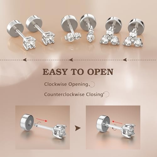 GEMQUEEN Hypoallergenic Flat Back Earrings for Women White Gold Plated Solid 925 Sterling Silver Post Stud Cartilage Helix Conch Tragus Piercing Jewelry 3 Pairs Tiny Screw Dainty CZ Opal Earring Set Sun - Image 5