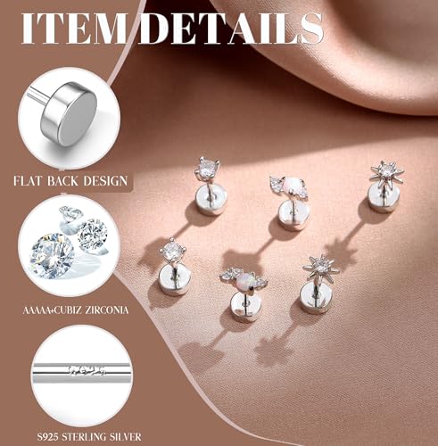 GEMQUEEN Hypoallergenic Flat Back Earrings for Women White Gold Plated Solid 925 Sterling Silver Post Stud Cartilage Helix Conch Tragus Piercing Jewelry 3 Pairs Tiny Screw Dainty CZ Opal Earring Set Sun - Image 2