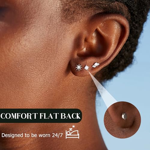 GEMQUEEN Hypoallergenic Flat Back Earrings for Women White Gold Plated Solid 925 Sterling Silver Post Stud Cartilage Helix Conch Tragus Piercing Jewelry 3 Pairs Tiny Screw Dainty CZ Opal Earring Set Sun - Image 4