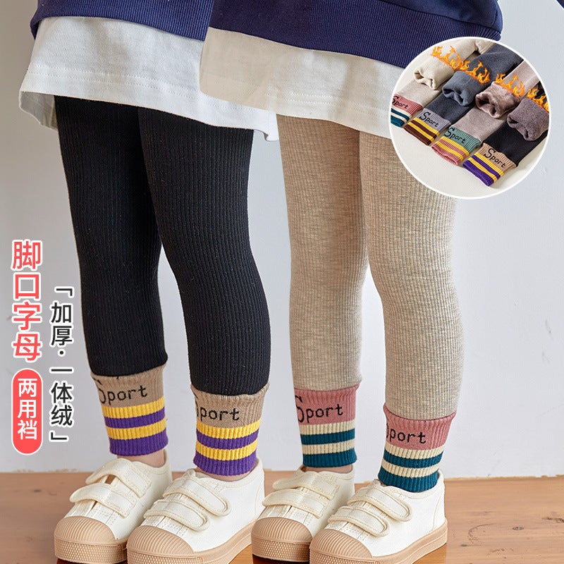 Children'S Leggings Thickened Sport Small And Medium-Sized Children'S Baby Open Crotch Vertical Stripe Sports Version Nine-Point Long - Image 2
