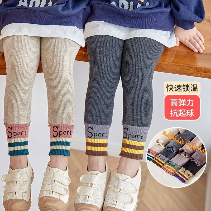 Children'S Leggings Thickened Sport Small And Medium-Sized Children'S Baby Open Crotch Vertical Stripe Sports Version Nine-Point Long - Image 3