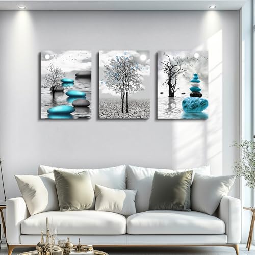 DZRWUBHS Canvas Wall Art for Living Room Wall Decor for Bedroom Bathroom Black and White Paintings Modern 3 Piece Framed Canvas Art Prints Ready to Hang Inspirational Abstract Blue Pictures Home Decorations - Image 2