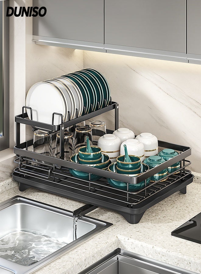 DUNISO Dish Drying Rack with Drainer, 2 Tier Stainless Steel  Kitchen Organizers,Double Layer Adjustable Set Kitchen Counter, Glass Holder  (Black) - Image 1
