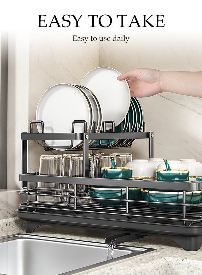 DUNISO Dish Drying Rack with Drainer, 2 Tier Stainless Steel  Kitchen Organizers,Double Layer Adjustable Set Kitchen Counter, Glass Holder  (Black) - Image 4