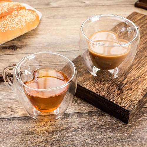 HAKKU Heart-Shaped Double Wall Glass Coffee Mugs – Set of 2-250 ml Insulated Espresso Cups for Hot & Cold Drinks – Romantic Gift Set for Couples, Valentine’s Day & Anniversary (2, Heart Cup) - Image 3