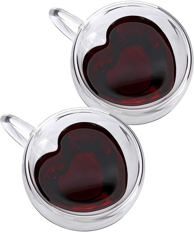 HAKKU Heart-Shaped Double Wall Glass Coffee Mugs – Set of 2-250 ml Insulated Espresso Cups for Hot & Cold Drinks – Romantic Gift Set for Couples, Valentine’s Day & Anniversary (2, Heart Cup) - Image 1