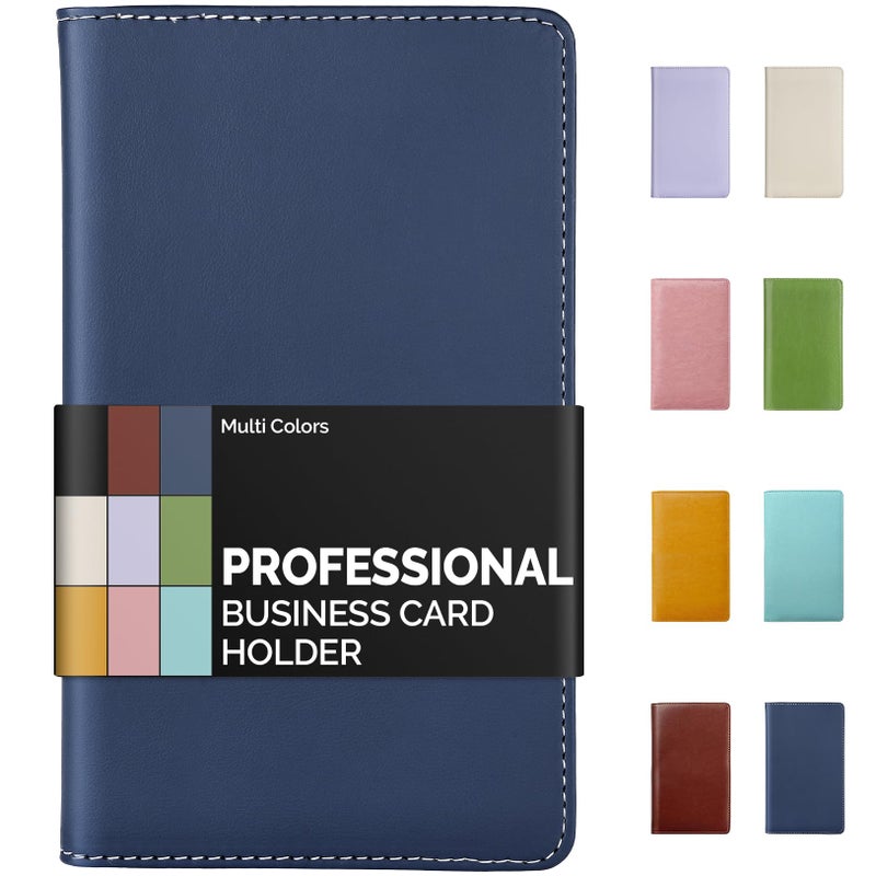 Sooez Leather Professional Business Card Book Holder Organizer, 240 Capacity Credit Card Booklet, PU Name Cards Holder Storage File for Men Women, Blue - Image 1