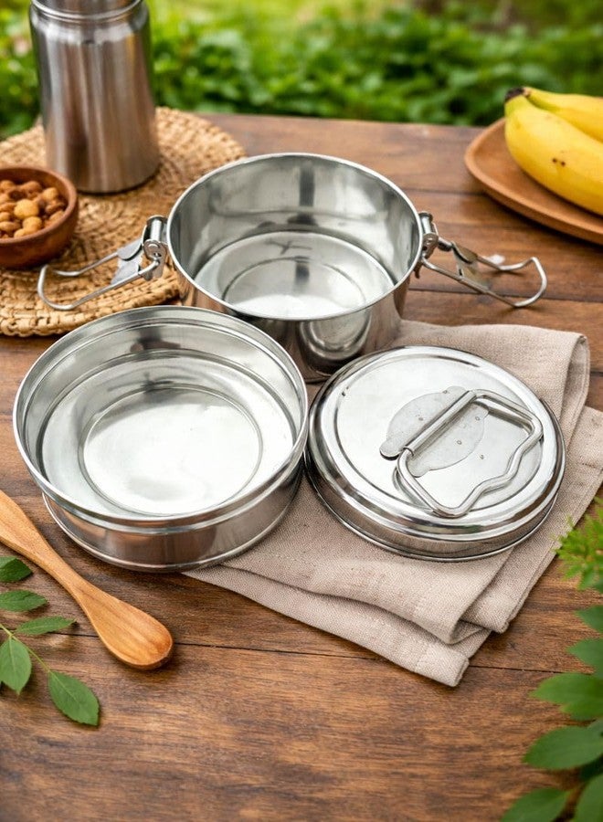 Duodeno Stainless Steel Lunch Box/Tiffin Set (2 Containers) with Locking Lid & Carry Handle | Leak Proof | Food Grade | Ideal for Office, School & Travel (11cm L x 12cm H) - Image 2
