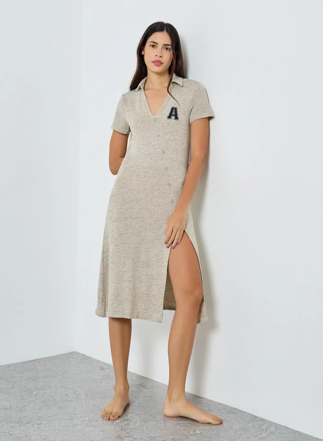 Styli Styli Melange Embroidered Button Through Nightshirt Dress