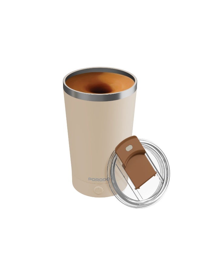 porodo Detachable Self Stirring Portable Mug Double Wall Stainless Steel 400ml / Leak-Proof Silicone Lid  / High-Speed Mixing / Magnetic Stirring Pod / Stirring Speed 7000RPM / Battery Capacity 300mAh - Cream - Image 1