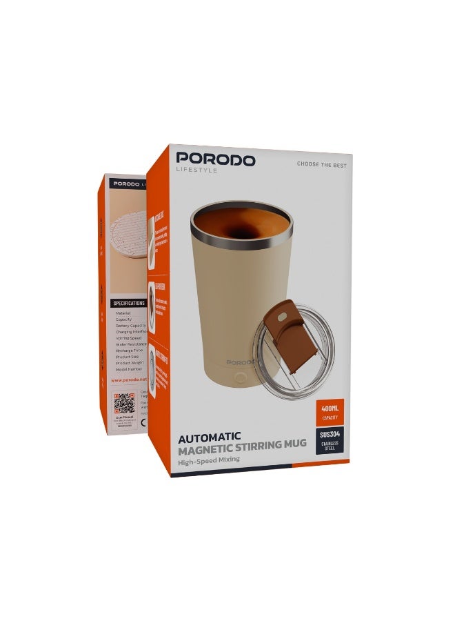 porodo Detachable Self Stirring Portable Mug Double Wall Stainless Steel 400ml / Leak-Proof Silicone Lid  / High-Speed Mixing / Magnetic Stirring Pod / Stirring Speed 7000RPM / Battery Capacity 300mAh - Cream - Image 2
