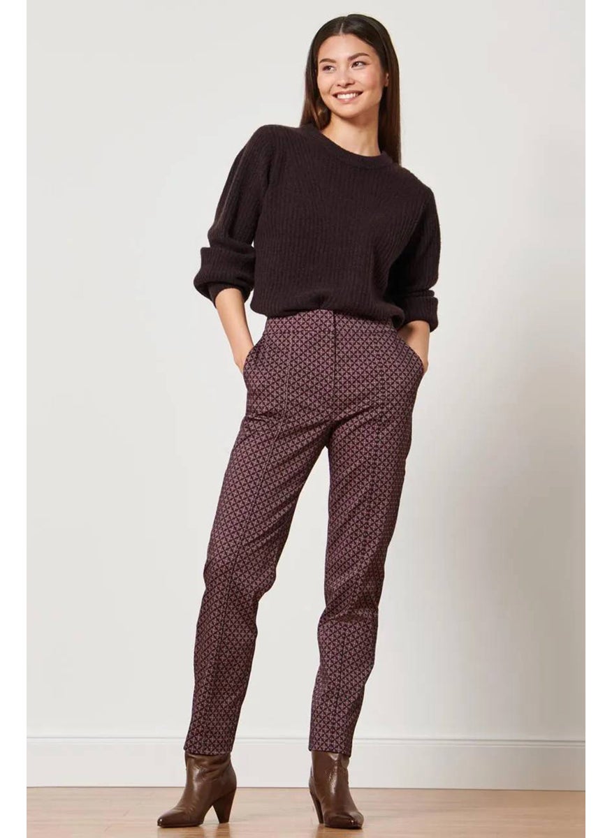 Tchibo Women Regular Fit Allover Print Trouser Pants, Burgundy  - Image 1