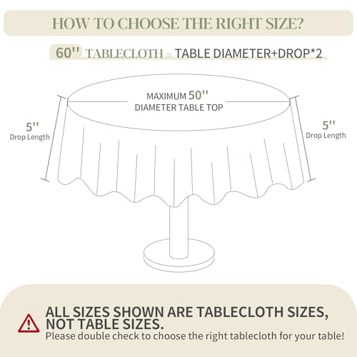 BYDOLL Table Cloth Round 60 Inch Tablecloth Fits Max50 Inch Diameter Top,White Washable Outdoor Winkle and Stain Resistant Spillproof Polyester Tablecloths for Round Tables Party Cover - Image 2