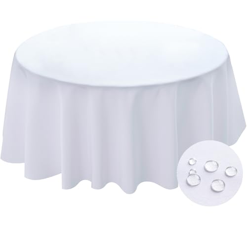 BYDOLL Table Cloth Round 60 Inch Tablecloth Fits Max50 Inch Diameter Top,White Washable Outdoor Winkle and Stain Resistant Spillproof Polyester Tablecloths for Round Tables Party Cover - Image 1