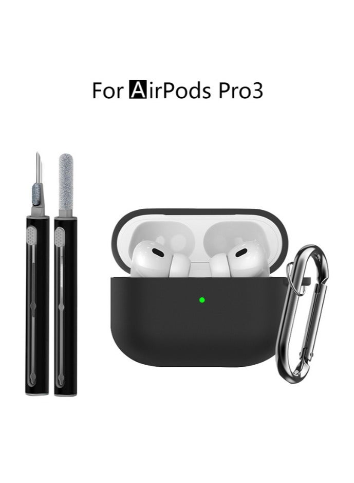 Suitable For Airpods Pro 3 Protective Case With Cleaning Kit, Soft Silicone Protective Case Suitable For Apple Airpods Pro 3 Women And Men, Airpods Pro Protective Case Accessory With Keychain, Black - Image 1
