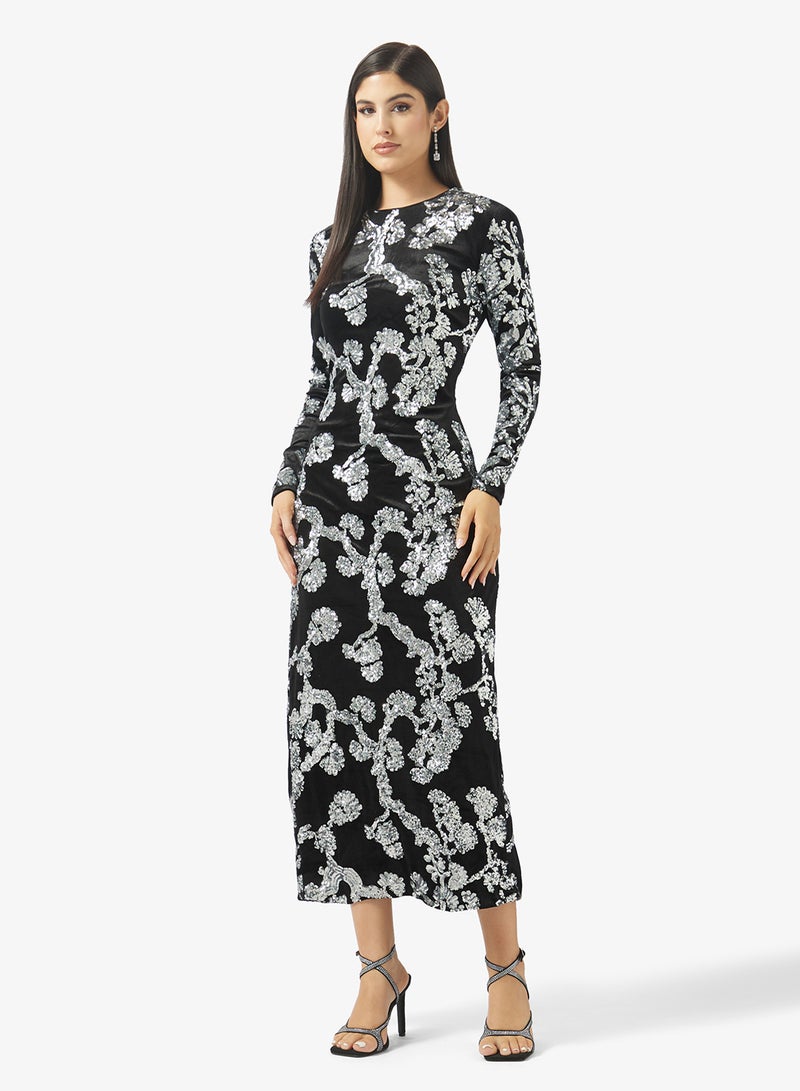 YAS Contrast Sequin Detail Long Sleeve Maxi Dress - Image 1
