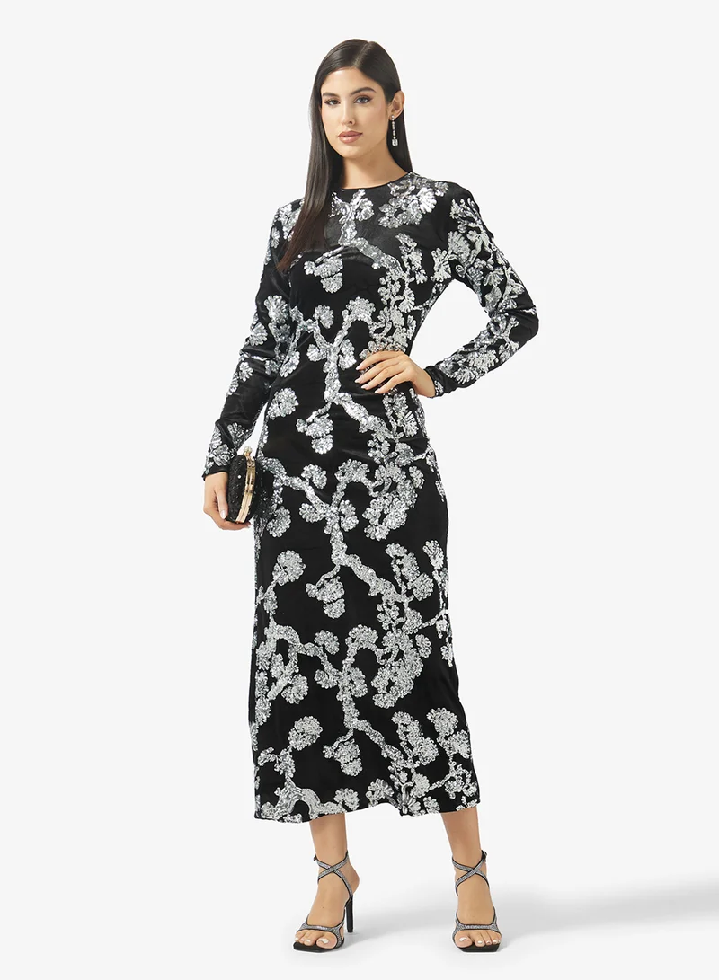 YAS Contrast Sequin Detail Long Sleeve Maxi Dress