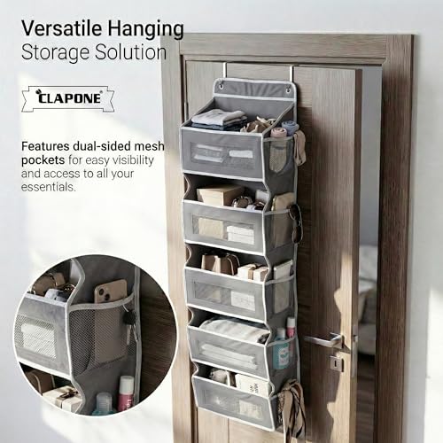 CLAPONE Over the Door Organizer/Large Pockets – Anti-Tilt Hanging Storage for Bedroom/Closet Door Storage/Bathroom/Pantry/Nursery/Bedroom (Grey, 5 Layers) - Image 3