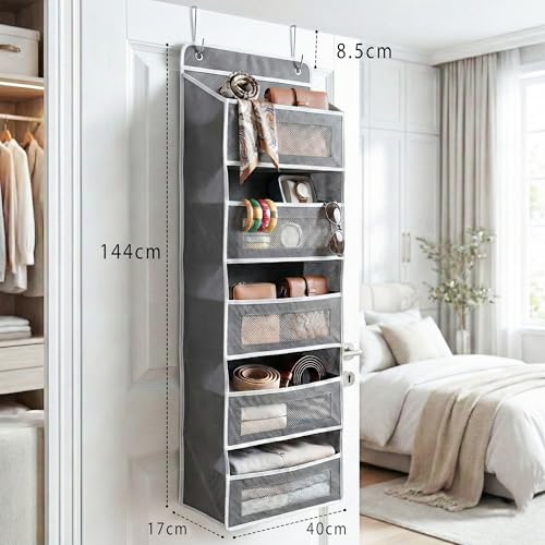 CLAPONE Over the Door Organizer/Large Pockets – Anti-Tilt Hanging Storage for Bedroom/Closet Door Storage/Bathroom/Pantry/Nursery/Bedroom (Grey, 5 Layers) - Image 2