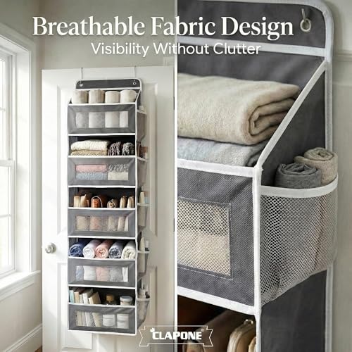 CLAPONE Over the Door Organizer/Large Pockets – Anti-Tilt Hanging Storage for Bedroom/Closet Door Storage/Bathroom/Pantry/Nursery/Bedroom (Grey, 5 Layers) - Image 5