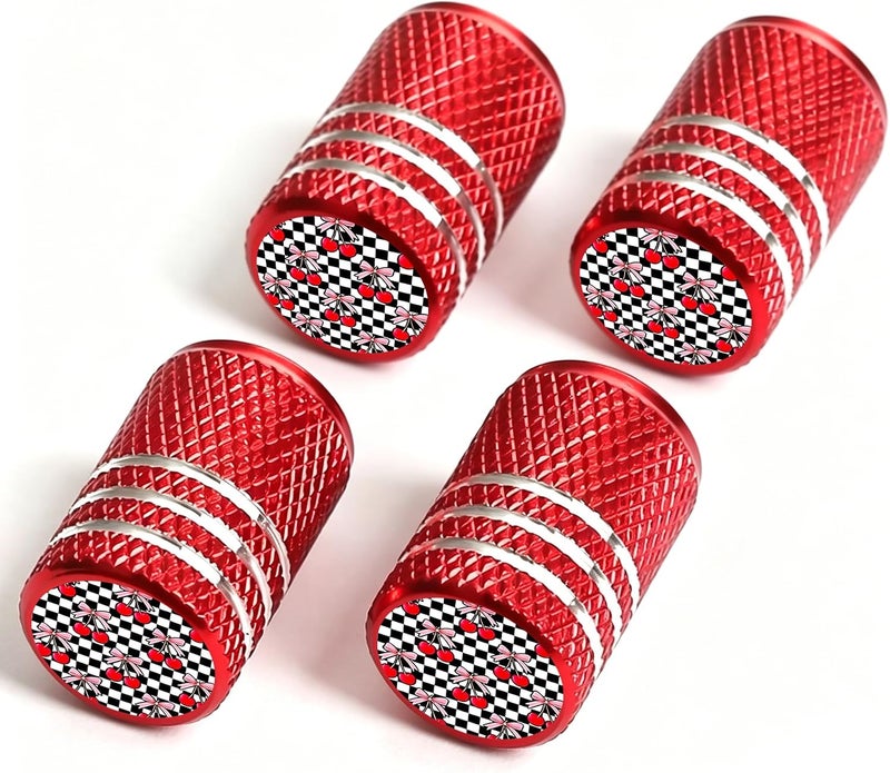 DoYoMo 4pcs Red Valve Stem Caps Grid Cherry Tire Air Caps Aluminum Car Valve Stem Cover Cover for Auto SUV Truck Bicycle Motorcycle Corrosion Proof Universal Cars Accessories Grid Cherry Gifts for Women Men - Image 1
