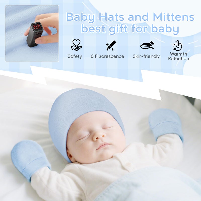 Zando Baby Hats and Mittens Infant Beanie Caps 4-Pack Dark Blue/Sky Blue/Grey/White Newborn Hospital Hat Essentials Must Haves Warm Knit Beanie Safety Anti-Scratch Gloves for Baby Boys Girls 0-6M - Image 2