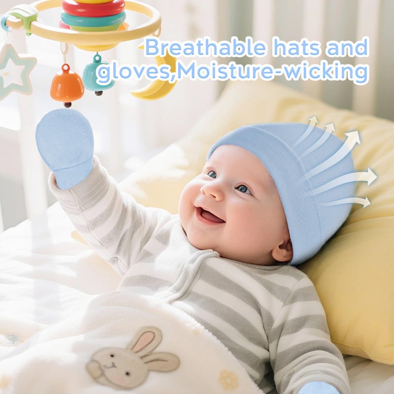 Zando Baby Hats and Mittens Infant Beanie Caps 4-Pack Dark Blue/Sky Blue/Grey/White Newborn Hospital Hat Essentials Must Haves Warm Knit Beanie Safety Anti-Scratch Gloves for Baby Boys Girls 0-6M - Image 4