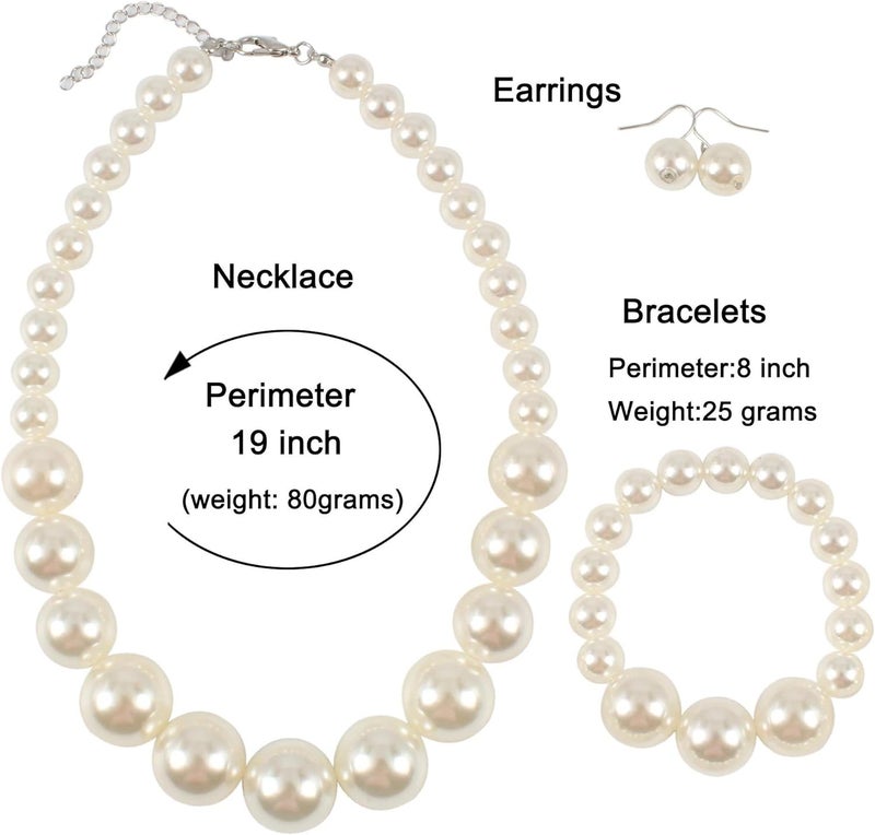 KOSMOS-LI Women's Large Big Simulated Pearl Statement 19" Necklace Bracelet and Earrings Jewelry Set Stocking Stuffers - Image 3