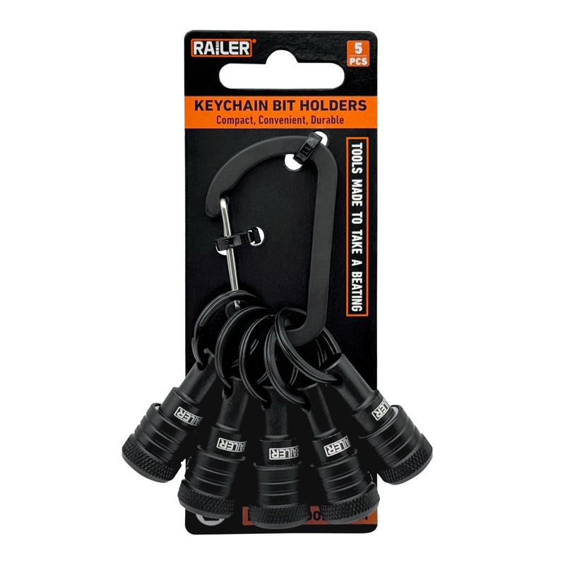 Railer Bit Holder Keychain 5pc - 1/4 inch Hex Shank Bit Holders - Quick Release Bit Holder For Nut Driver, Screwdriver & Drill Bits w/Key Chain Carabiner - Image 2