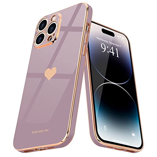 Teageo for iPhone 14 Pro Max Case for Women Girl Cute Love Heart Luxury Soft Bling Back Cover Raised Full Camera Protection Bumper Silicone Shockproof Phone Case for iPhone 14 Pro Max, Lavender - Image 1