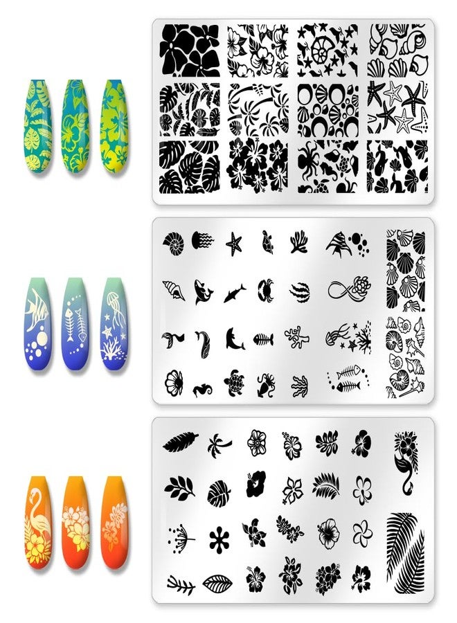 beinkmake 3Pcs Tropical Floral Plant Nail Stamping Plate French Tip Nail Stamping Templates Marine Animals Nail Art Stamp Plates Image Plate Stainless Steel DIY Reusable Tools for Manicure Printing - Image 3
