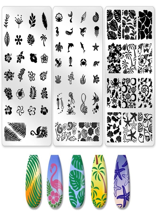 beinkmake 3Pcs Tropical Floral Plant Nail Stamping Plate French Tip Nail Stamping Templates Marine Animals Nail Art Stamp Plates Image Plate Stainless Steel DIY Reusable Tools for Manicure Printing - Image 1