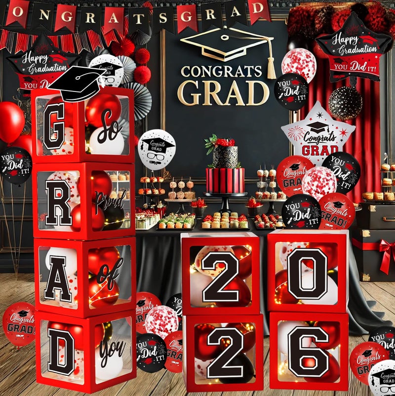QIYANPAX Graduation Decorations Class of 2026 Red and Black Graduation Decorations Balloons Boxes with Letters 2026 GRAD So Proud of You Congrats Grad Party Decorations for Any Grades - Image 2