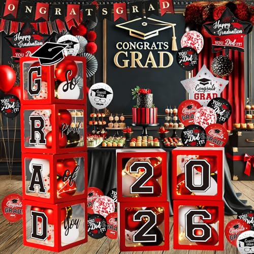 QIYANPAX Graduation Decorations Class of 2026 Red and Black Graduation Decorations Balloons Boxes with Letters 2026 GRAD So Proud of You Congrats Grad Party Decorations for Any Grades - Image 1
