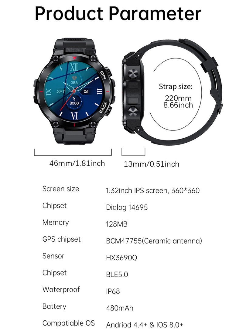LIGE - Men's New Smart Watches 1.32inch Full Touch Screen Outdoor Sports Fitness Bracelet Blood Pressure with GPS Location IP68 Waterproof Silicone Strap Black - Image 1