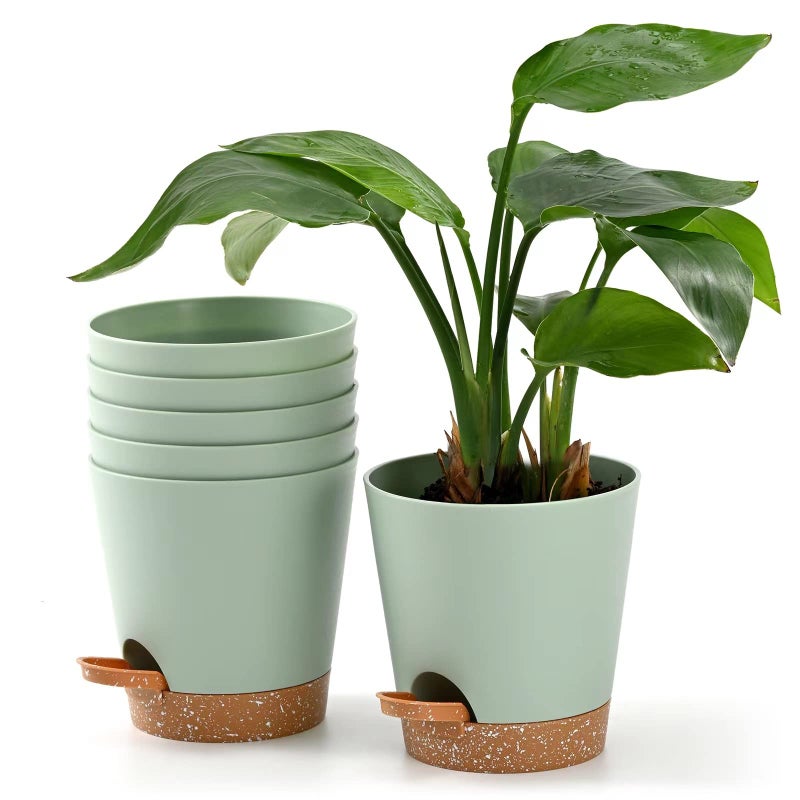 Qaobo Plant Pots 6 PCS 5 inch Self Watering Planters High Drainage Flowers Pot for Indoor Outdoor Plants with Reservoir Tray and Watering Lip Gardening Planter Garden Flower Pots Green