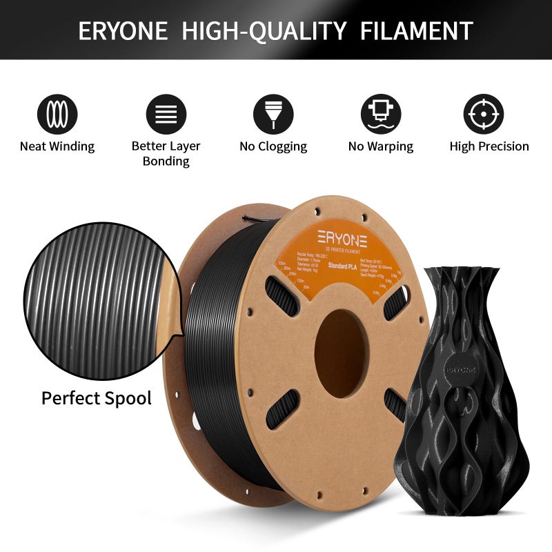 ERYONE PLA Filament 3D Printer PLA Filament 1.75mm +/- 0.03mm, PLA Filament 1KG Cardboard Spool(2.2LBS), Black - Image 4