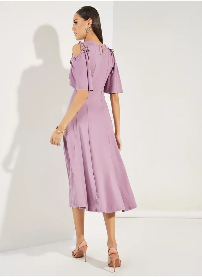 Styli Cold Shoulder Flared Midi Dress
