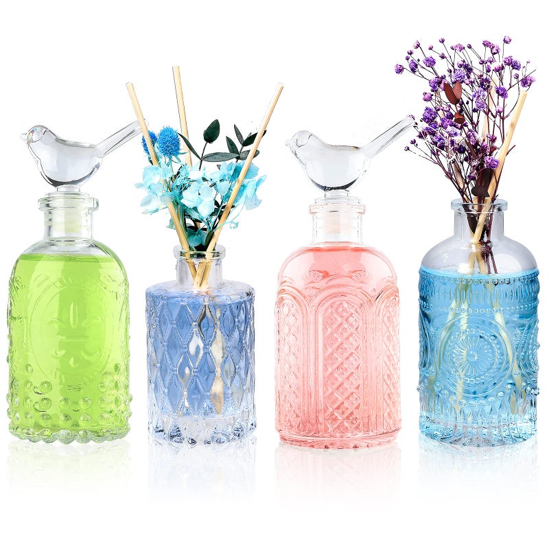 Reed Diffuser Glass Bottles Empty Set of 4 DIY Clear Decorative Bottles Fragrance Vase Jars Oil Diffusers Container with Sticks for Home Office Desk Wedding Valentine Decor Car Girl Women