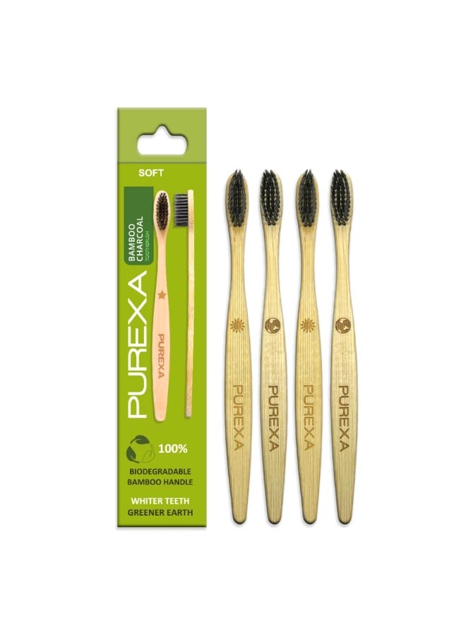 PUREXA Bamboo Toothbrush with Activated Charcoal BPA-Free Soft Bristles (Pack of 4), 100% Natural, Eco-Friendly and Biodegradable Handle - Image 1