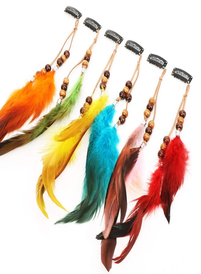 MWOOT 6Pcs Feather Hair Clips, Handmade Boho Hair Extensions with Clip Comb, Bohemian Hippie Hairpin Feather Indian Tassel Hemp Rope Festival Headwear Cosplay Headdress Accessories -Beads Styles - Image 4